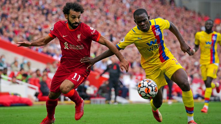 Tyrick Mitchell of Crystal Palace defends against Mohamed Salah of Liverpool 