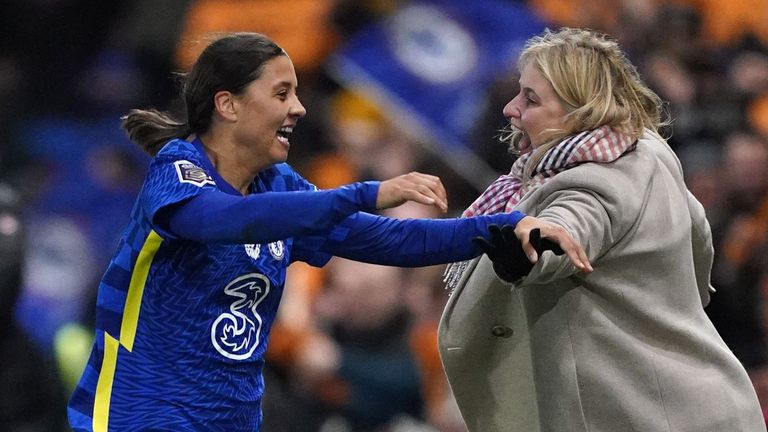 Chelsea&#39;s Sam Kerr (left) celebrates with manager Emma Hayes after scoring the first goal of the game