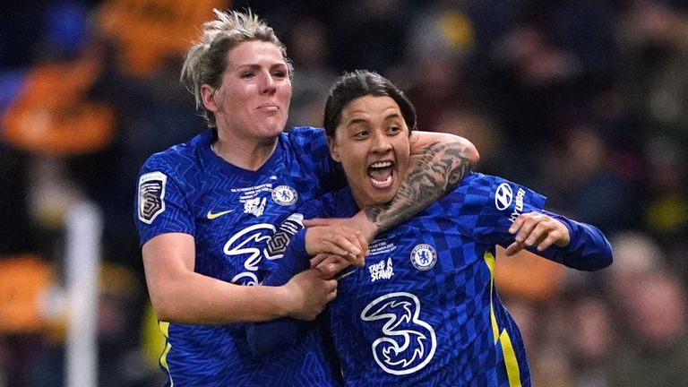 Chelsea's Sam Kerr (right) celebrates with Millie Bright after scoring