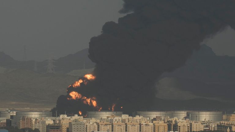 A huge fire billows from an oil depot in Jeddah near the F1 circuit