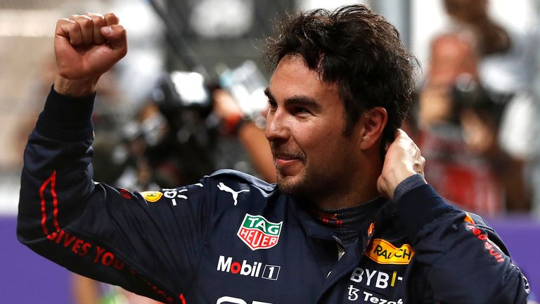 Sergio Perez celebrates after clinching pole position at the Saudi Arabian Grand Prix