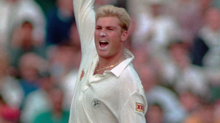 Shane Warne celebrates after taking a wicket in the first Test of the 1993 Ashes at Old Trafford