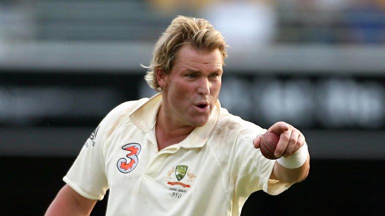 Australia&#39;s Shane Warne points to the crowd during the fourth day of the first Test match against England at the Gabba, Brisbane, Australia.