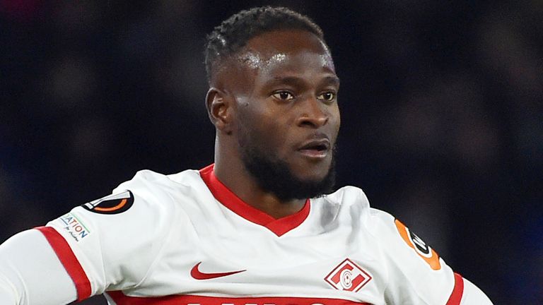 Spartak's Victor Moses during the Europa League Group C soccer match between Leicester City and Spartak Moscow at the King Power Stadium in Leicester, England, Thursday, Nov. 4, 2021. (AP Photo/Rui Vieira)..