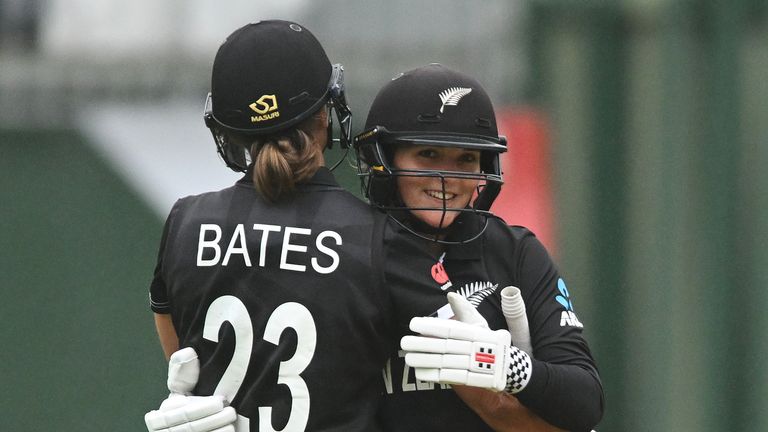 Suzie Bates and Amelia Kerr celebrate New Zealand's win over Bangladesh in the Women's World Cup