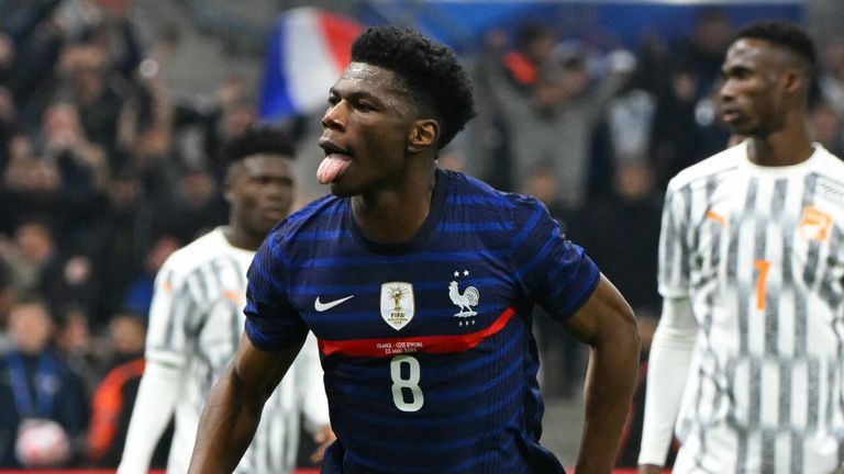 French midfielder Aurelien Tchouameni celebrates after scoring a goal during the friendly soccer match between France and Ivory Coast at the Velodrome stadium in Marseille, southern France, on March 25, 2022. (Photo by Nicolas TUCAT / AFP) (Photo by NICOLAS TUCAT/AFP via Fake Images)