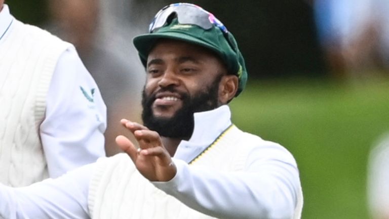 South Africa's Temba Bavuma and team mates celebrate the wicket of Tom Blundell during the final day

