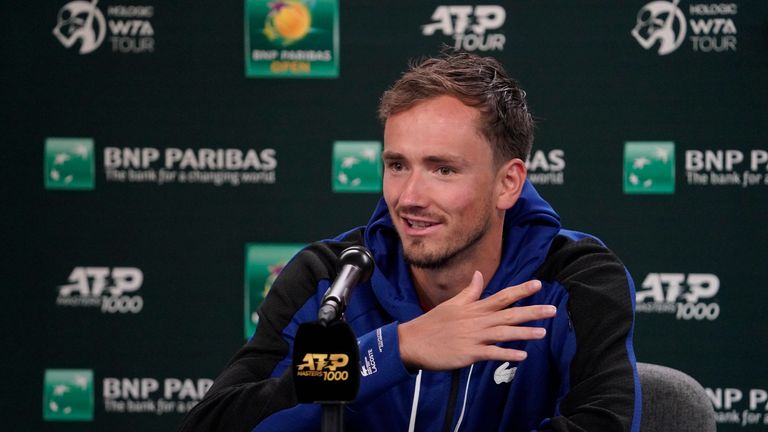 Daniil Medvedev, of Russia, speaks during a news conference at the BNP Paribas Open tennis tournament, Wednesday, March 9, 2022, in Indian Wells, Calif. (AP Photo/Mark J. Terrill)


