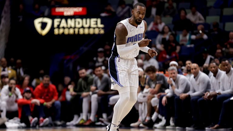 Orlando Magic guard Terrence Ross (31) reacts after scoring against the New Orleans Pelicans during the second half of an NBA basketball game in New Orleans, Wednesday, March 9, 2022. 