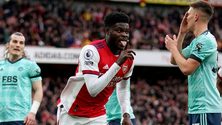 Thomas Partey celebrates after heading Arsenal ahead against Leicester