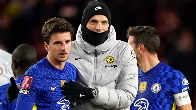 Chelsea's Mason Mount (left) and manager Thomas Tuchel after the Emirates FA Cup quarter final match at the Riverside Stadium, Middlesbrough. Picture date: Saturday March 19, 2022.