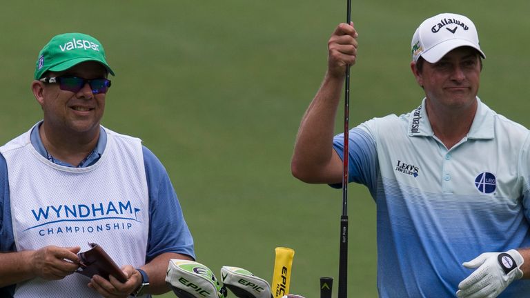 GREENSBORO, NC - AUGUST 04: Caddie Todd Montoya (left) and Brian Stuard (right) survey the yardage from the 11th fairway during the final round of the Wyndham Championship on August 04, 2019 at Sedgefield Country Club in Greensboro, NC. (Photo by Lee Coleman/Icon Sportswire)