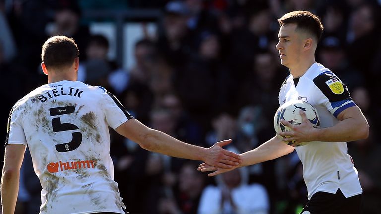 Derby County's Tom Lawrence (right) celebrates scoring their equaliser