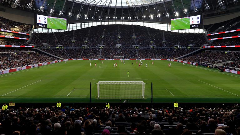 A general view of the action during the Barclays FA Women&#39;s Super League match between Tottenham Hotspur and Arsenal at Tottenham Hotspur Stadium on November 17, 2019 in London, United Kingdom.