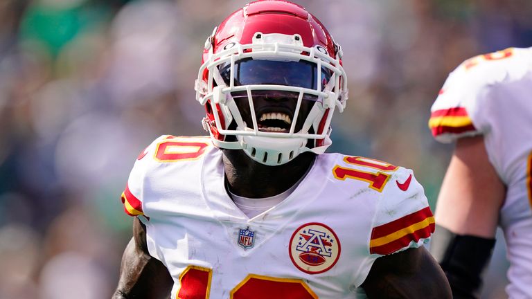Kansas City Chiefs wide receiver Tyreek Hill (10) celebrates his touchdown during the first half of an NFL football game against the Philadelphia Eagles on Sunday, Oct. 3, 2021, in Philadelphia. (AP Photo/Matt Rourke)
