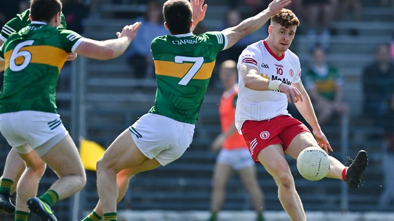 27 March 2022; Conor Meyler of Tyrone in action against Kerry players Stephen O...Brien, Tadhg Morley and Brian .. Beagla..och during the Allianz Football League Division 1 match between Kerry and Tyrone at Fitzgerald Stadium in Killarney, Kerry. Photo by Brendan Moran/Sportsfile
