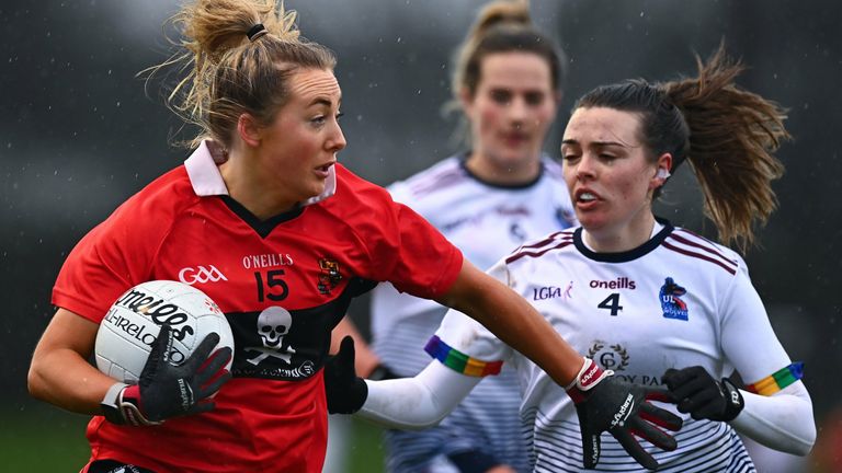 12 March 2022; Sadhbh O'Leary of UCC is tackled by Catherine Boyle of UL during the Yoplait LGFA O'Connor Cup Final match between UCC and UL at DCU in Dublin. Photo by E..in Noonan/Sportsfile 