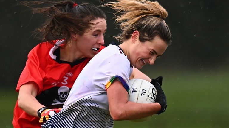 12 March 2022; Roisin Ambrose of UL in action against Jen O'Gorman of UCC during the Yoplait LGFA O'Connor Cup Final match between UCC and UL at DCU in Dublin. Photo by E..in Noonan/Sportsfile 