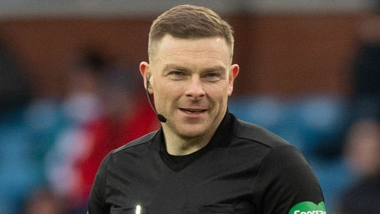 KILMARNOK, SCOTLAND - FEBRUARY 19: Referee John Peyton during a championship match between Kilmarnock and Wraith Rovers at Rugby Park, on February 19, 2022, in Kilmarnock, Scotland.  (Photo by Sammy Turner / SNS Group)