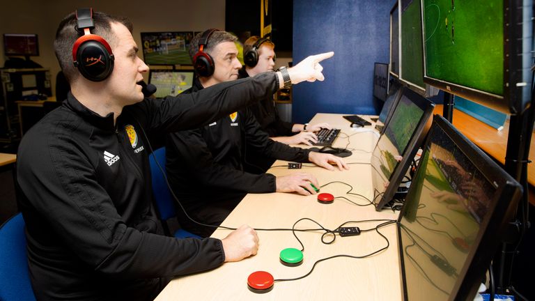GLASGOW, SCOTLAND - MARCH 02: Media event with referees receiving VAR training at Hampden Park, on March 02, in Glasgow, Scotland. (Photo by Alan Harvey / SNS Group)