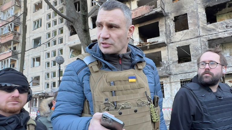 Vitali Klitschko, Kyiv Mayor and former heavyweight champion, centre, visits ruin of residential house hit by Russian fire in Kyiv, Ukraine, during the Russian invasion, as Russia invaded Ukraine on February 24, pictured on March 14, 2022. Photo/Pavel Nemecek (CTK via AP Images)