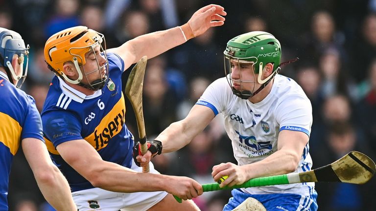 6 March 2022; Michael Kiely of Waterford is tackled by Padraic Maher of Tipperary during the Allianz Hurling League Division 1 Group B match between Waterford and Tipperary at Walsh Park in Waterford. Photo by E..in Noonan/Sportsfile