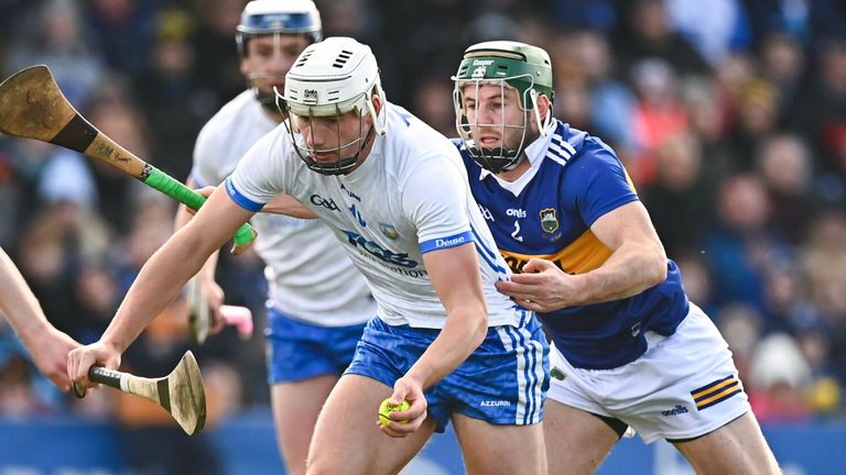 6 March 2022; Neil Montgomery of Waterford is tackled by Cathal Barrett of Tipperary during the Allianz Hurling League Division 1 Group B match between Waterford and Tipperary at Walsh Park in Waterford. Photo by E..in Noonan/Sportsfile