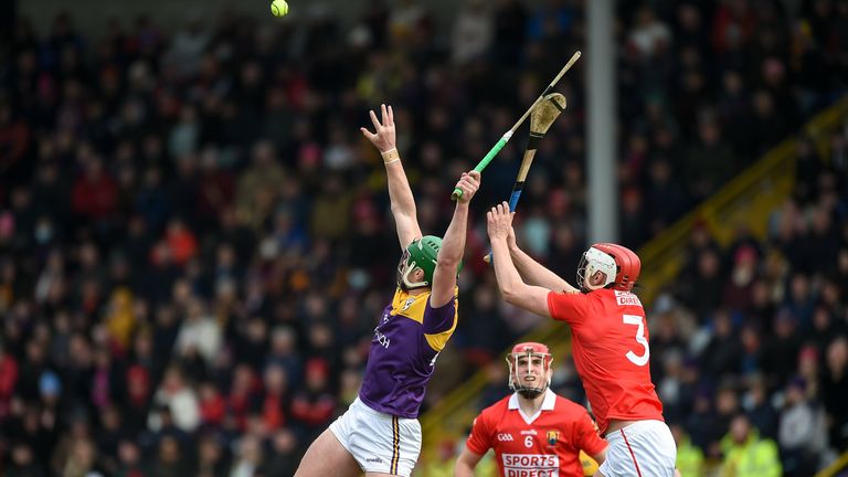 Conor McDonald of Wexford in action against Daire O'Leary of Cork during the Allianz Hurling League Division 1 Group A match between Wexford and Cork at Chadwicks Wexford Park in Wexford. Photo by Daire Brennan/Sportsfile