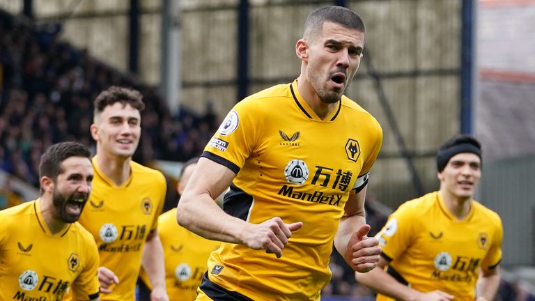 Connor COady celebrates after heading Wolves in front at Everton
