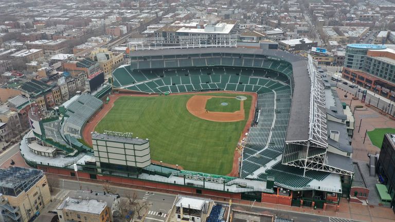 An aerial shows Wrigley Field, home of the Chicago Cubs. Image taken in 2020