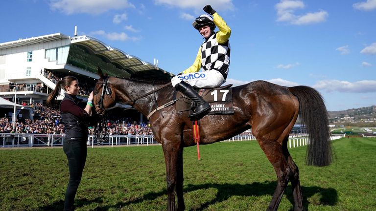 The Nice Guy and Sean O'Keeffe celebrate winning the Albert Bartlett Novices' Hurdle during day four of the Cheltenham Festival at Cheltenham Racecourse. Picture date: Friday March 18, 2022.