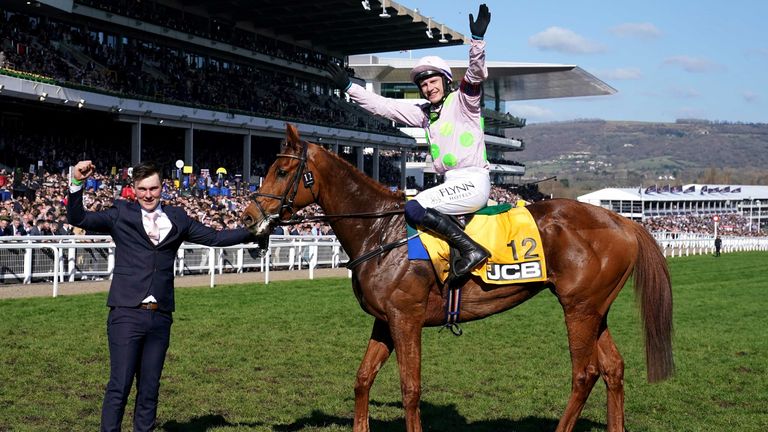 Jockey Paul Townend celebrates on Vauban after winning the JCB Triumph Hurdle during day four of the Cheltenham Festival at Cheltenham Racecourse. Picture date: Friday March 18, 2022.