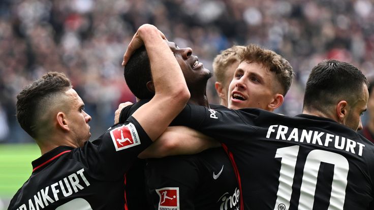 Eintracht Frankfurt&#39;s Rafael Santos Borre, goalscorer Evan Ndicka, Jesper Lindstrom and Filip Kostic cheer after the goal against Hoffenheim