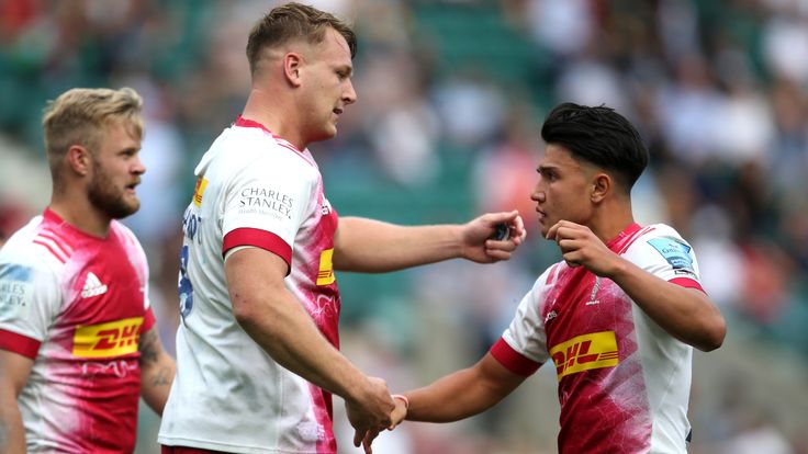 Harlequins v Exeter Chiefs - Gallagher Premiership - Final - Twickenham Stadium
Harlequins' Alex Dombrandt celebrates a try with team-mate Marcus Smith during the Gallagher Premiership final at Twickenham Stadium, London. Picture date: Saturday June 26, 2021.