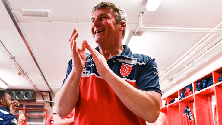 Picture by Will Palmer/SWpix.com - 15/04/2022 - Rugby League - Betfred Super League - Hull KR v Hull FC - Sewell Group Craven Park, Hull, England - Tony Smith, Head Coach of Hull KR celebrates with the team after their win over Hull FC