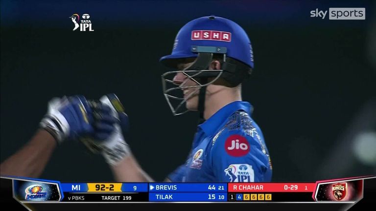 Dewald Brevis smashes four huge sixes in a row as the Mumbai Indians chase down a target of 199 against the Punjab Kings