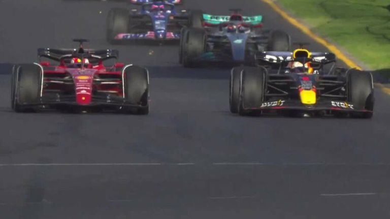 Charles Leclerc and Max Verstappen battle for the lead following the safety car restart of the Australian GP.