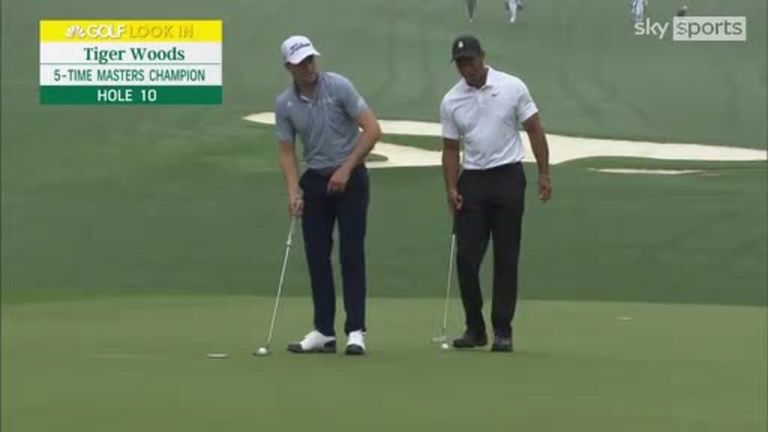 Tiger Woods and Justin Thomas practice their putting together on the 10th green at The Masters in Augusta.