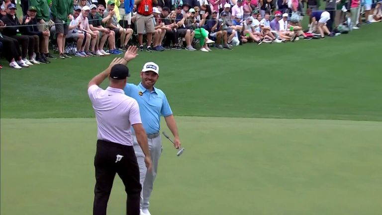 Louis Oosthuizen reads the green to perfection in The Masters Par-3 contest