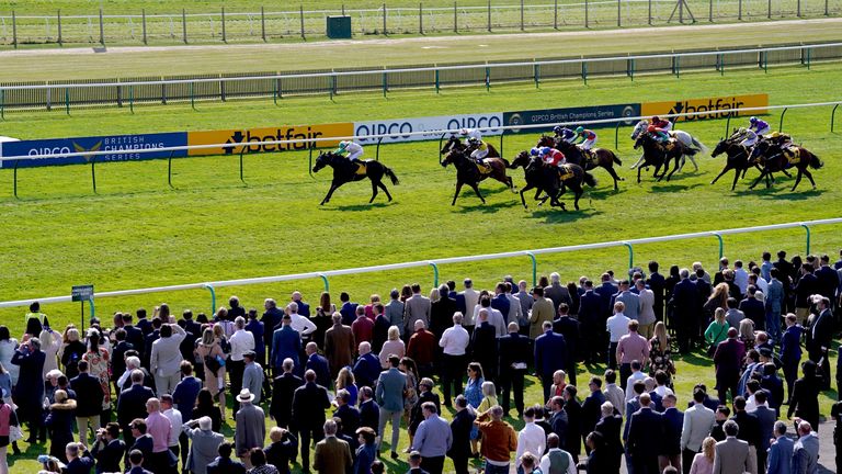 Khaadem ridden by jockey William Buick on their way to winning the Betfair Palace House Stakes on day two of the QIPCO Guineas Festival at Newmarket Racecourse, Newmarket. Picture date: Saturday April 30, 2022.