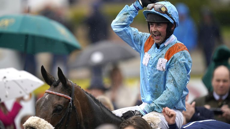 Jockey Nico de Boinville celebrates after winning the Coolmore Kew Gardens Irish European Breeders Fund Mares Champion Hurdle with Marie's Rock on day five of the Punchestown Festival at Punchestown Racecourse in County Kildare, Ireland. Picture date: Saturday April 30, 2022.