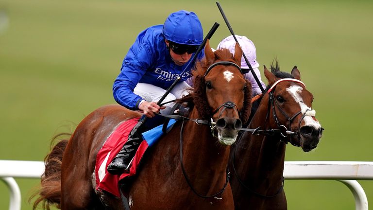Nahanni ridden by William Buick, on their way to winning the Cazoo Blue Riband Trial during the Epsom Downs Spring Meeting at Epsom Downs Racecourse. Picture date: Tuesday April 19, 2022.