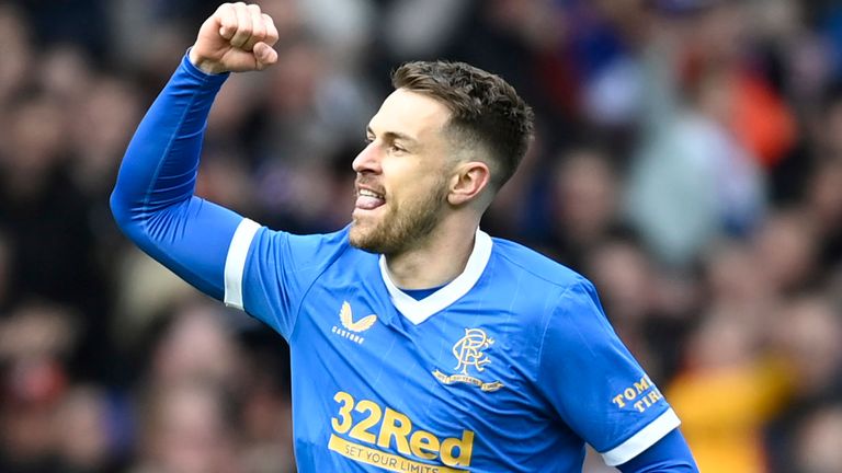 Rangers' Aaron Ramsey celebrates after making it 1-0