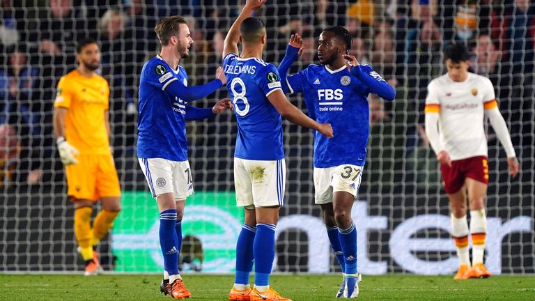 Ademola Lookman (right) celebrates scoring Leicester's equaliser against Roma