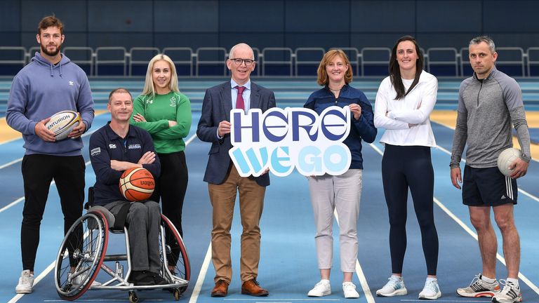 In attendance at the Sport Ireland Campus Here We Go... launch at Sport Ireland Campus in Dublin, from left, Ireland and Leinster rugby player Caelan Doris, Brendan Thornton of North East Thunder WBC, Paralympic athlete Orla Comerford, Sport Ireland Campus chief operations officer Michael Murray, Sport Ireland chief executive Dr Una May, Dublin footballer Hannah Tyrrell and former Dublin footballer Alan Brogan.