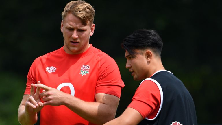 England Rugby Training - Pennyhill Park - Thursday July 1st
England's Alex Dombrandt with Marcus Smith during a training session at Pennyhill Park, Bagshot. Picture date: Thursday July 1, 2021.