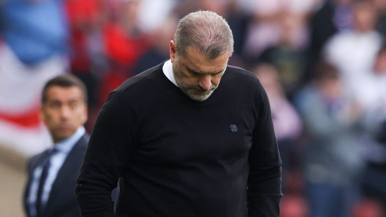 Celtic manager Ange Postecoglou dejected after their treble hopes ended