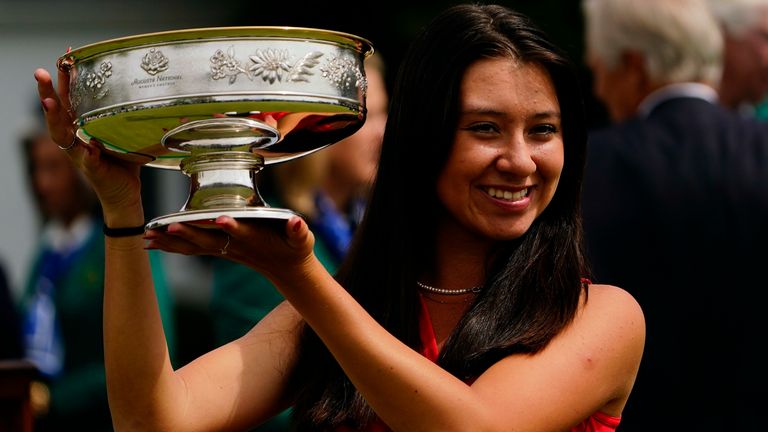 Anna Davis poses with the trophy after winning the Augusta National Women's Amateur golf tournament