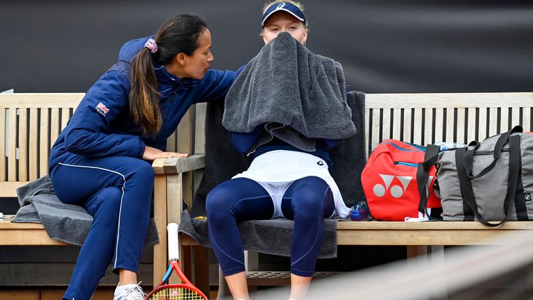 Harriet Dart of Britain, right, and captain of British team Anne Keothavong during the match against Marketa Vondrousova of Czech Republic at the women's tennis Billie Jean King Cup tournament Czechia vs Britain in Prague, Czech Republic, April 15, 2022. Photo/Vit Simanek (CTK via AP Images)