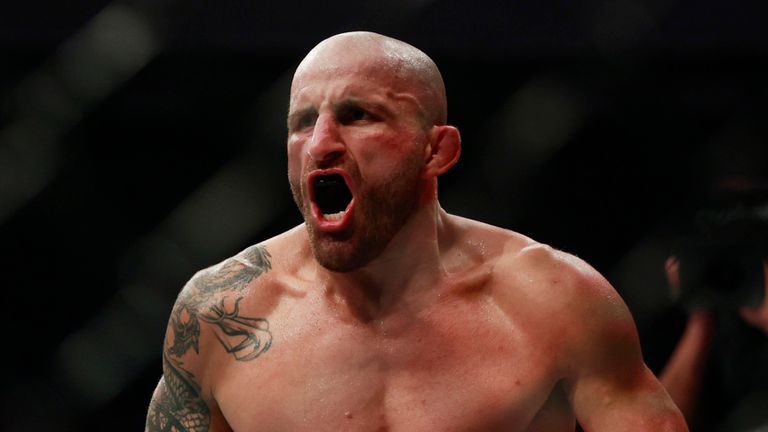 Alexander Volkanovski reacts to his win over Chan Sung Jung, aka The Korean Zombie, in the fourth round Saturday, April 9, 2022 during UFC 273 at VyStar Veterans Memorial Arena in Jacksonville. (Corey Perrine/The Florida Times-Union via AP)
